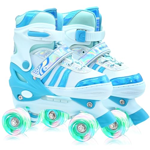 Roller Skates for Kids, Adjustable Quad Skates for Youth Teen Age 12-14 with Light Up Wheels, Children Beginners Rollerskates for Indoor Outdoor Spots