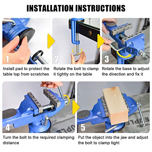 Bench Vise with Clamp Post Universal 3 Inch Bench Clamps 360° Swivel Base Home Vise for Holding Irregular Objects Table Vice with Longer Clamping Distance for Woodworking, Drilling, etc.