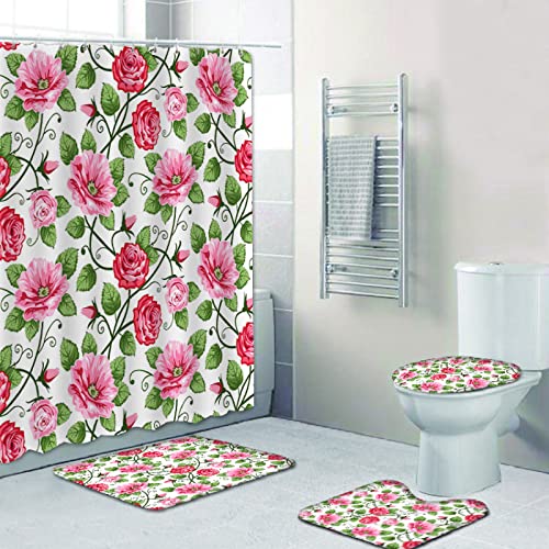 Duschvorhang Gras Grün Rosa Badezimmerteppich 4-Teiliges Set, Duschvorhang 180x180 Polyester+Badematte rutschfeste(50x80…