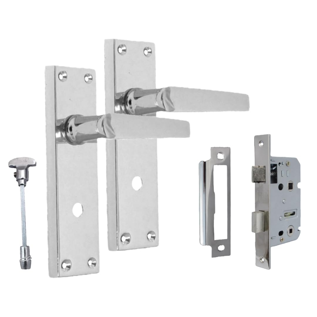 Epsom Door Handle Silver Victorian Straight Polished Chrome Bathroom Door Handle Set – Lever On Backplate – Includes Bathroom Sash Lock – 1 Pair