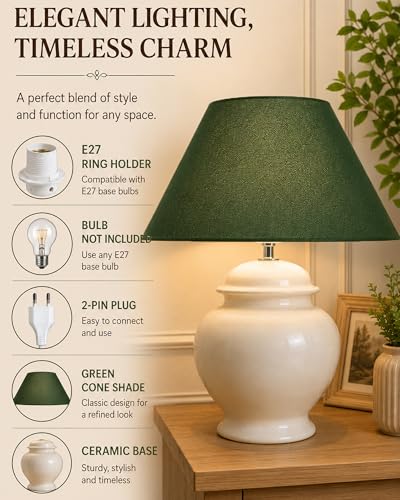 Image of Homesake Ceramic Pot Shaped Base White Table Lamp with Shade, Home Decor Items - Green