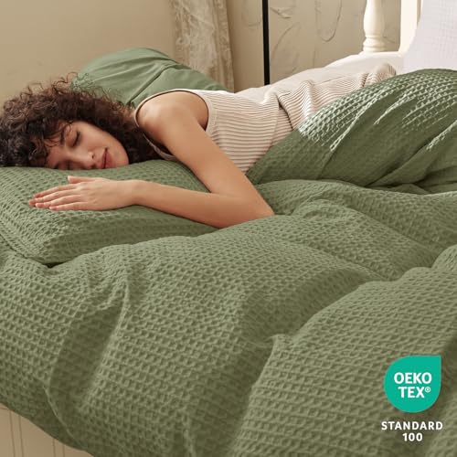 Image of PHF Waffle Weave Duvet Cover Set Queen Size, No Snagging Ultra Soft Luxury Textured Breathable Comforter Cover for All Season 3pcs, Durable Bedding Duvet Set with 2 Pillow Shams, 90 inchx90 inch, Olive Green