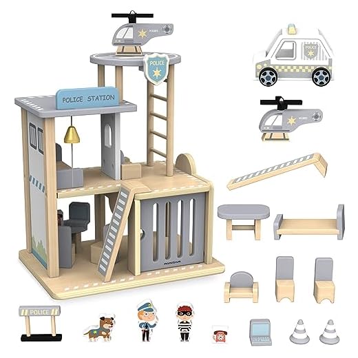 mamabrum, Comisaría de Policía de Madera con Accesorios, Comisaría, Coche de Policía, Helicóptero, Perro Policía, Policía, Villano, Barrera Policial