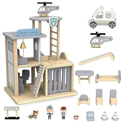 mamabrum Estación de Policía Madera con Coche Policía y Helicóptero - Juguete Educativo para Niños 3+ Años - Comisaría con Accesorios y Pista de Aterrizaje - 35 x 30 x 22 cm | Ya disponible en tu tienda friki favorita! En mundofriki.es!