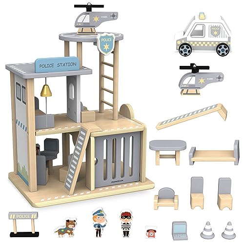 mamabrum Holz Polizeikommissariat Set - Polizeistation mit Helikopter, Auto, Polizist, Schurke, Hund & Barriere - Rollenspiel Kinderspielzeug ab 3 Jahren (9 Teile)