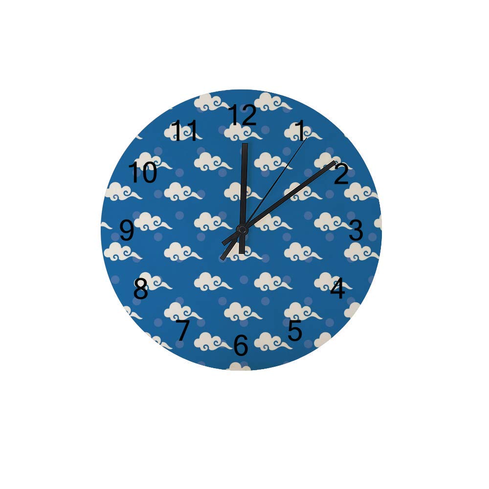Horloge murale bleu ciel et nuages blancs en bois avec mécanisme silencieux
