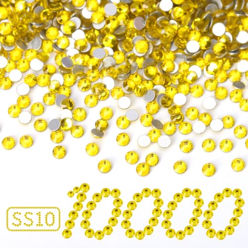 Image of 10000PCS Lemon Yellow Rhinestones Bulk, Flat Back Crystal Glass Stone Round Gems,SS10, 2.7-2.9mm