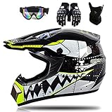 YXCXY Ruiqieor Hai Motocross Helm Motorradhelm Kinderhelm Cross Fullface-Helm Motorradhelm Schutzhelm Set Downhill MTB Quad BMX ATV Helm Geschenke (Schutzbrille, Maske, Handschuhe) (schwarz,L)