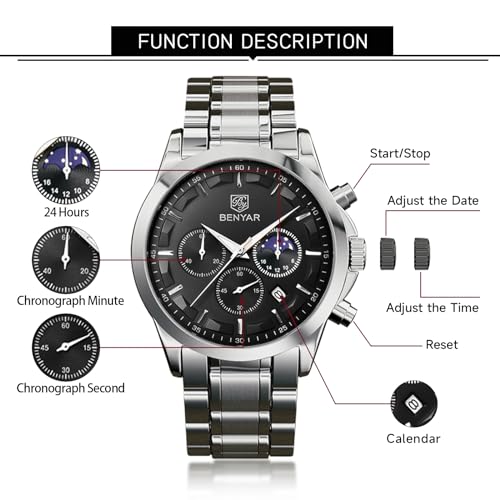 BY BENYAR Uhren Herren Chronograph Analog Quarz Wasserdicht Armbanduhr Herren Mode Lässig Business Herrenuhr mit Kalender Lederarmband/Edelstahlarmband Uhr Geschenk für Männer – Bild 6