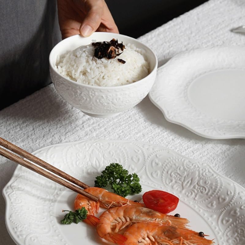 Ceramic Tableware with Relief Designs Western Dinner Bowls in Solid Color Rice