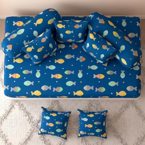 Image of Filymore Cute Fish Kids Fitted Diwan Set 8 Pieces - Blue Microfiber Diwan Bedsheet Set with 5 Cushion Covers & 2 Bolster Covers | Soft & Comfortable Cartoon Fish Print Diwan Cover Set for Kids Room