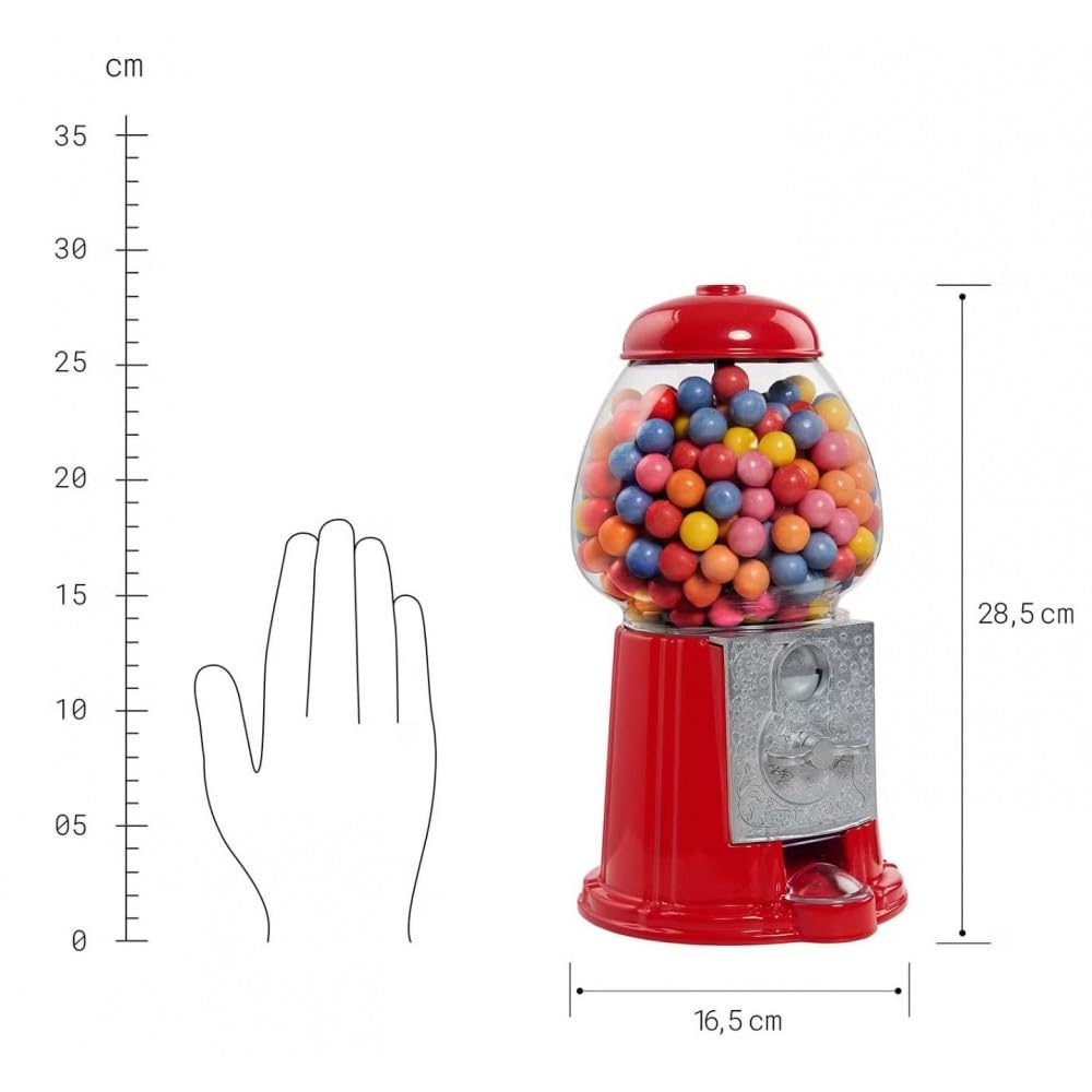 25-1271R Distributeur de chewing-gum rétro Tirelire Rouge et transparent Métal et verre Grand modèle D16 x H28 cm