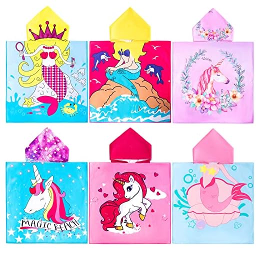 Paquete de 6 toallas de playa con capucha para niños, toallas de baño con capucha de 47 x 24 pulgadas, poncho de toalla para niños, toallas de microfibra para niñas y niños de entre 1 y 7 años,