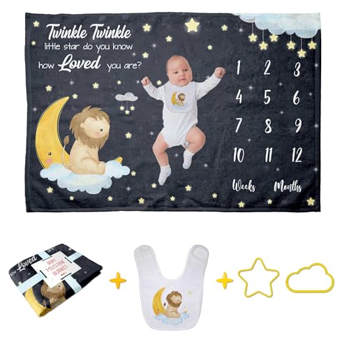Image of Pavo Baby Milestone Blanket - Lion Twinkle Little Star, Neutral Monthly Growth Chart, 60"x40" with Matching Bib & Frames - Best Shower Gift Set