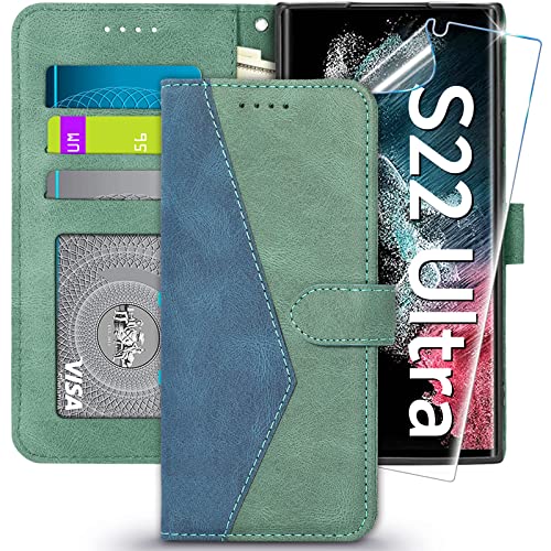 2022 Upgraded S22 Ultra Handyhülle für Samsung Galaxy S22 Ultra 5G Hülle Leder Wallet Schutzhülle Standfunktion Kartenfach Klappbar S22 Ultra Flip Case mit Panzerglas Schutzfolie, Stoßfest Cover Cover