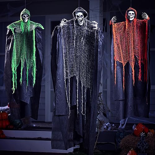 Image of JOYIN 3 Pcs Halloween Hanging Grim Reapers, one 63 inch Two 47 inch Grim Reapers, Halloween Skeleton Outdoor Decoration Flying Ghost for Haunted Haunted House Prop, Party Supplies Decor