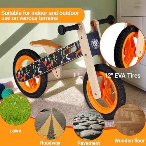 Image of Wooden Toddler Balance Bike, Kids Balance Bike for 3 Year Old with Adjustable Seat, No Pedal Toddler Bicycle for Kids 3-5 for Boys and Girls Birthday Gifts Toys