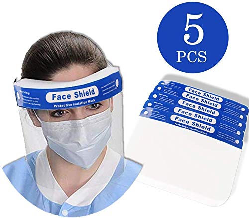 Merymall Bouclier de protection intégral pour visage, réglable, transparent, anti-poussière, anti-gouttes pour homme et femme, 5 pezzi