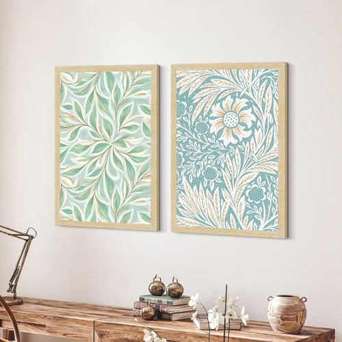 Image of ArtX Paper Floral Art Paintings with Frame for Home Decor, Madhubani Wall Paintings for Living Room, Multicolor, Natural Wood Color Frames, Set of 2