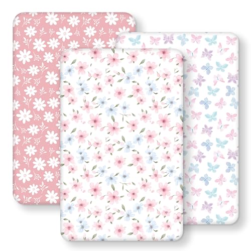 Image of FIEMOL Baby Bedside Bassinet Sheets Girl, 33”x20” Compatible with Baby Delight Dream On Me & Most Rectangle Bedside Sleeper Bassinet Mattress, Super Soft Microfiber Pink Butterfly Flower