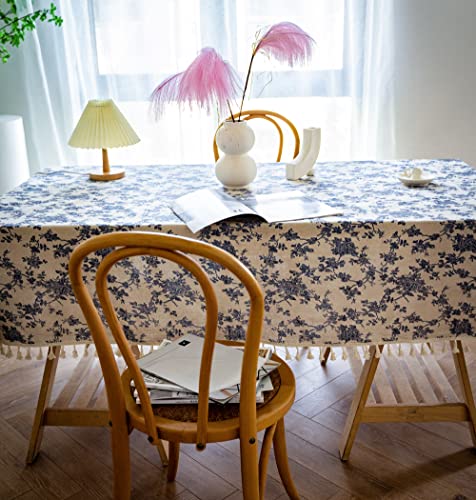 Yuurainvuvu French Vintage Blue Rose Floral Cotton Linen Fabric, Stitching Tassel Rectangle Tablecloth For Kitchen thumb #2