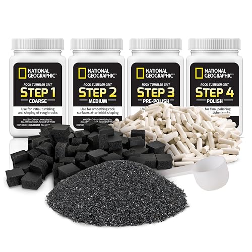NATIONAL GEOGRAPHIC Rock Tumbler Grit & Media Refill Kit Rock Polishing Supplies Kit 4-Stage Silicon Carbide Bulk Grit 680 g of Ceramic Pellets Stone Tumbling & GemFoam Polishing Media
