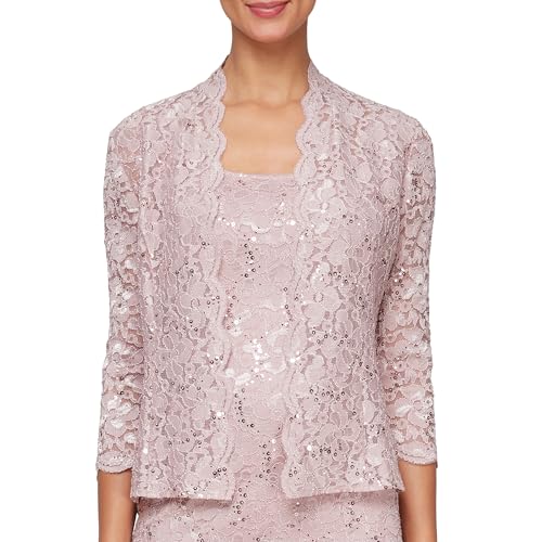 Image of S.L. Fashions Women's Tea Length Sequin Lace Mother of The Bride Dress with Illusion Sleeve Jacket