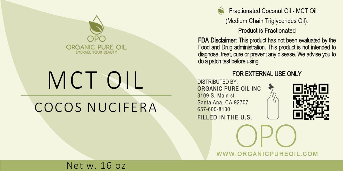 OPO MCT Oil - Pure Fractionated Coconut from Coconut Fruit Non GMO Medium Chain Triglyceride Vegan Bulk C8 & C10 Carrier Oil - 16 oz 1 Pint - Skin Hair Cuticles Facial Hair
