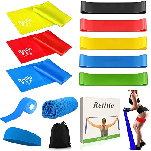 Retilio Bandas Elasticas Fitness/Bandas de Resistencia, 8 Bandas Elasticas Musculacion de Diferentes Fuerzas, con Cinta Deportiva para el Pelo, Parche Muscular y Toalla Refrescante, Pilates Cover