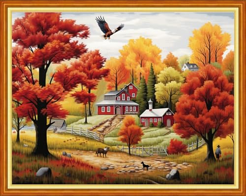 Image of Redxing Stamped Cross Stitch Kits Embroidery kit for Beginners Adults Full Range of Embroidery Patterns Starter Kits DIY Printed Cross Stitch Kits Needlepoint Kits 11CT-Autumn Scenery 16x20 inch