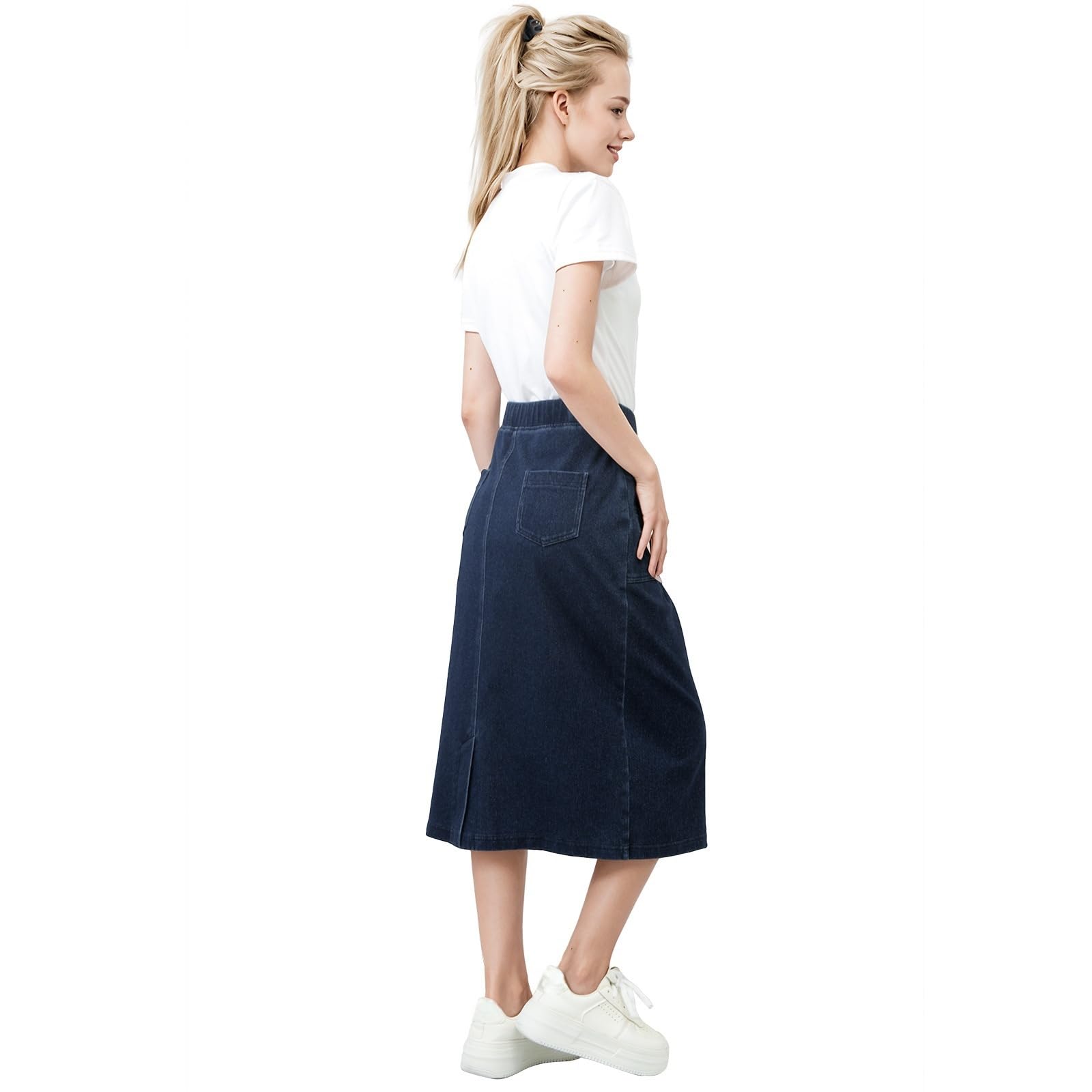 Faldas Vaqueras para Mujer, Mezclilla Lavada Azul Oscuro, Cintura Alta Elástica, Múltiples Bolsillos, Abertura Trasera, Faldas Midi De Corte A, Verano, Casual, Diario, Salir, Elegante, P