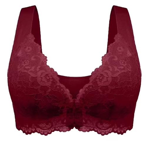 ELizoop Älterer BH Damen-BH mit Frontverschluss Geblümt 5d Formend Push-up-BH Drahtlos Bügelfreier BH Weiche Schale BHs mit Vorderverschluss für Frauen (Burgund,4XL) Cover