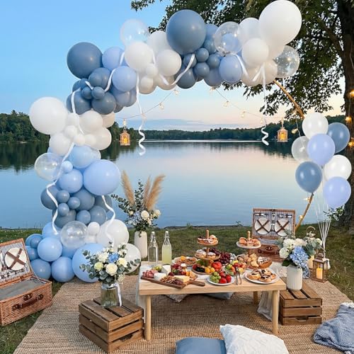 Image of RUBFAC Dusty Blue and White Balloons, Party Balloons for Birthday Baby Blue Clear Balloon 12 Inch, Wedding Baby Shower Gender Reveal Decorations, 65pcs