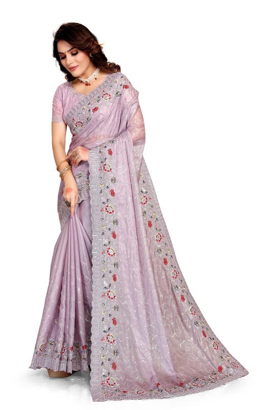 Manu Fashion EraLavender Heavy Sequence Glitter Coding Embroidered Work Crepe Silk Saree for Women and Girls with UnStitch Blouse piece Attached, Lavender, One Size