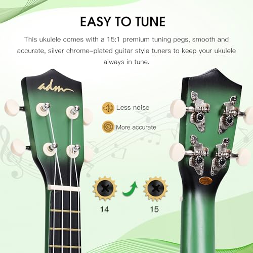 Image of ADM Ukulele for Beginners Hawaiian Wood Ukelele Kit for Kids Adult Student Starter Professional Ukalelee Pack Bundle with Free Lessons Gig Bag Strap Nylon String Tuner (Greenbrust, 21 Inch)