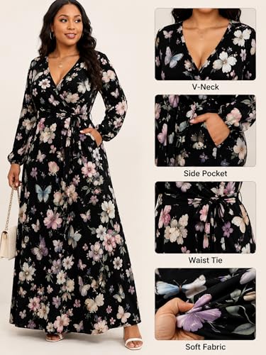 Image of PinkPatty Women's Long Sleeve Maxi Dress Plus Size Trendy Wedding Guest Wrap Dress with Pockets&Belt