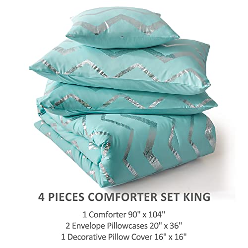 Aqua Comforter Set King Size, Metallic Teal And Silver Bedding Set, 4 Piece Lightweight Microfiber Comforter For Teen Girls Women (2 Pillow Shams + 1 Decorative Pillow Sham) #TOP6