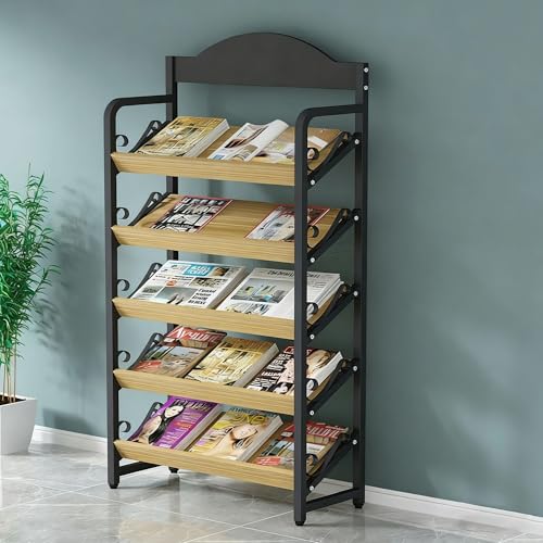 TRAGLO Revistero de 4/5 Niveles, Expositor de folletos de pie Soporte para periódicos y Literatura para Sala de Estar y Oficina en casa(Walnut+Black Frame,5-Tier 100cm)