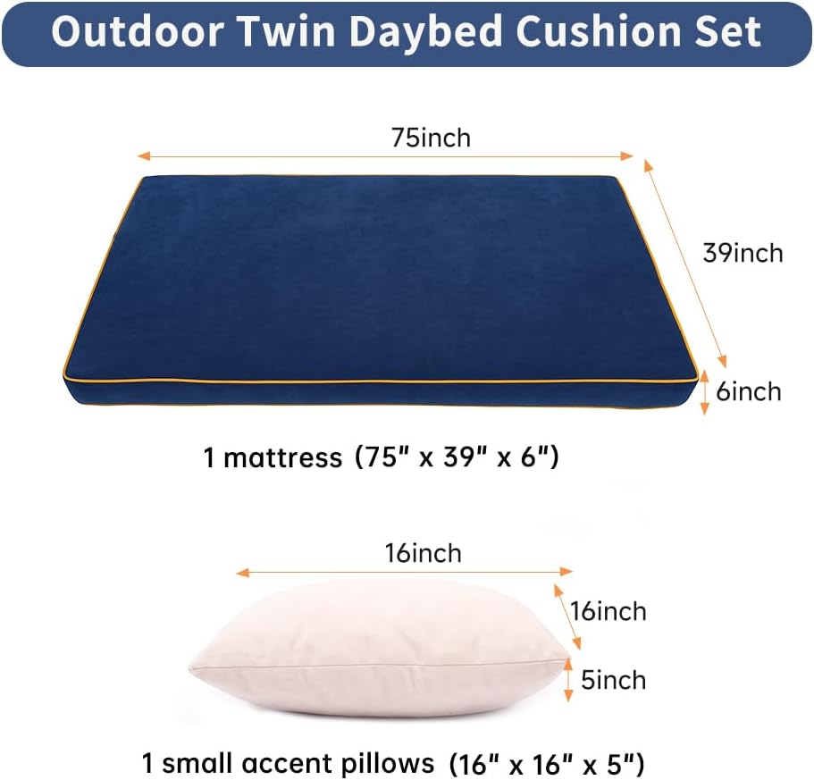 Outdoor Twin Daybed Cushion Set, Patio Porch Swing Bed Mattress – Soft Comfortable Replacement Cushions with Non-Slip Backing for Hanging Swing, 75" x 39" x 6" Dark Blue
