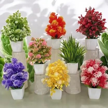 Artificial Potted Plants, 8 Pack Artificial Plastic Eucalyptus Plants Small Indoor Potted Houseplants, Small Faux Plants for Home Decor Bathroom Office Farmhouse (Set 0F 8) (8, Colourful)