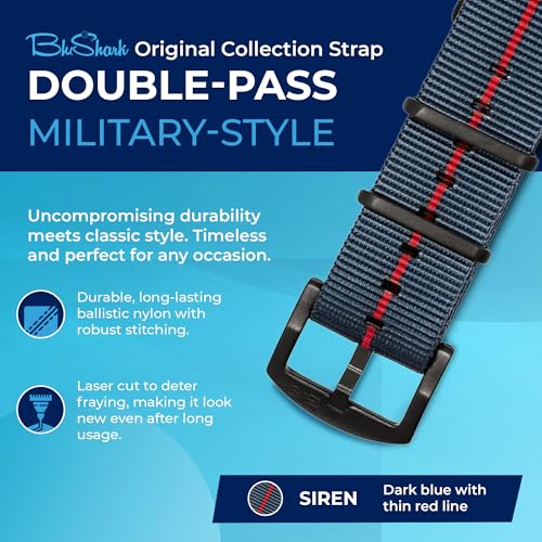 Image of BluShark - Original Collection Military-Style Waterproof Watch Strap, Fits All Timepiece Brands, Durable Nylon Wristwatch Accessories with Stainless Steel Buckle - 18mm, 20mm, 22mm & 24mm Watch Bands