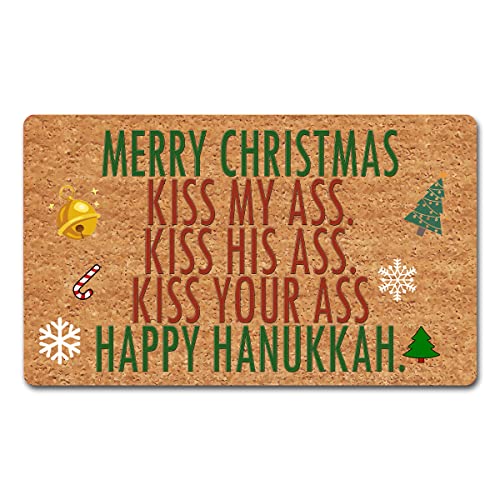 Funny Welcome Entrance Way Indoor Doormat Front Porch Decor Mat 18"(W) X 30"(L)Merry Christmas Happy Hanukkah Kiss My Ass Personalized Doormat For Front Door Decor Mat No Slip Indoor Novelty Gift Mat #TOP1