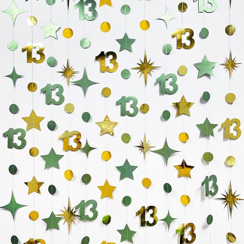 Image of Sage Green Gold 13th Birthday Decorations Number 13 Circle Dot Twinkle Star Garland Glitter Hanging Streamer Banner Backdrop Girls Boys Cheers to 13 Years Old Birthday Official Teenager Party Supplies