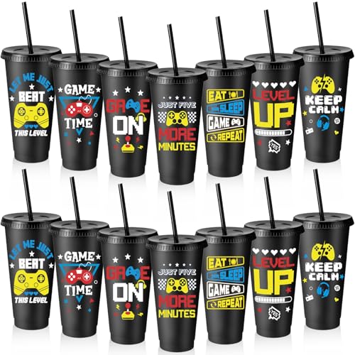 Potchen 16 Pcs Video Game Party Supplies Gaming Plastic Cups with Lids and Straws Gamer Reusable Tumbler for Fun Video Birthday Party Favor (Black)
