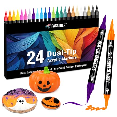 Pagather 24 Colors Acrylic Paint Markers, Dual Tip with Fine Tip and Brush Tip Pens for Stone, Wood, Calligraphy, Canvas, Ceramic, Metal, Glass, Rock Painting, DIY Crafts