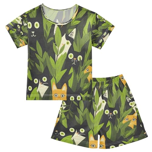 senya Short Sleeve Pajamas Sets Summer Cotton Sleepwear Black White Cat Grass