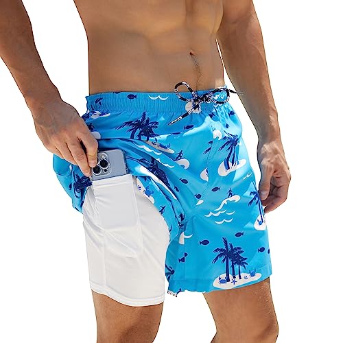 Mens Swim Trunks with Compression Liner 5'' Quick Dry Board Shorts 2 in 1 Beach Shorts for Men with Pockets