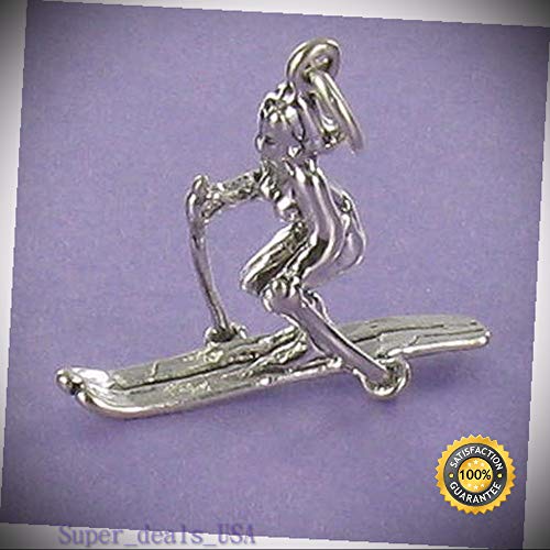 Snow Skier Girl Charm Sterling Silver for Bracelet Winter Sports Olympics Poles DIY Handmade Ornament Crafts