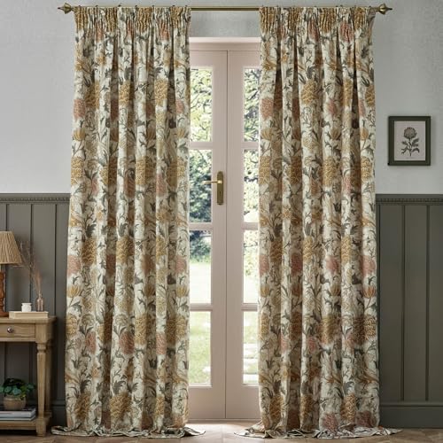 Morris&Co. Cray Pencil Pleat Curtain Pair – Lined Velvet Floral River-Inspired Drapes (Stone/Clay - 117x137cm)