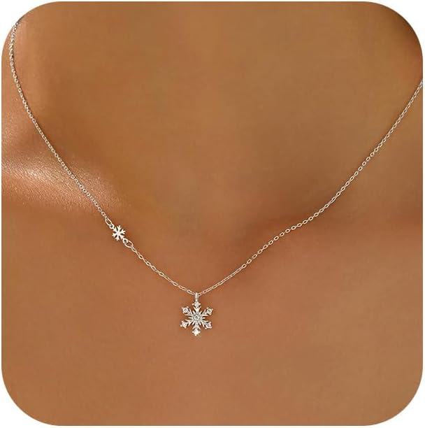 Snowflake Necklace for Women, 925 Sterling Silver CZ Crystals Snowflake Pendant Necklace to Daughter 14k Gold Plated Sparkle Winter Snowflake Flower Mother's Day Choker Necklace Jewelry Gift